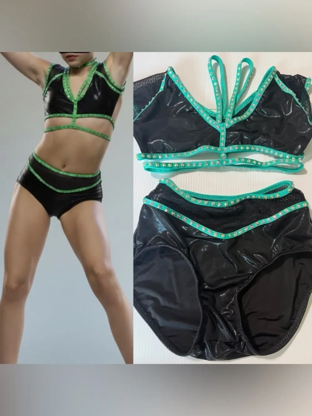 Custom dance costume leotard black aqua blue 2 piece SA-Small adult